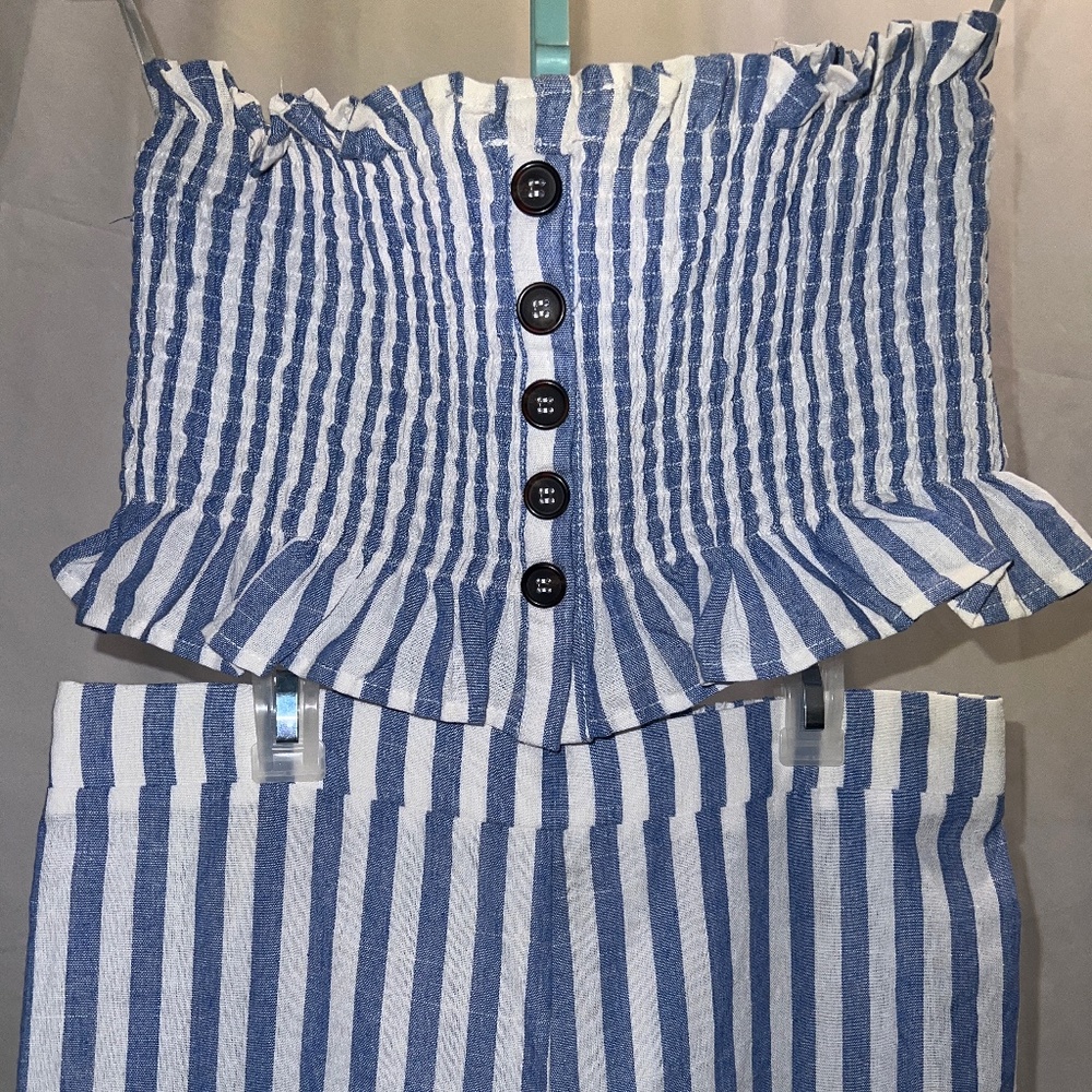Blue and White Striped Crop Top and Pant Two Piece
